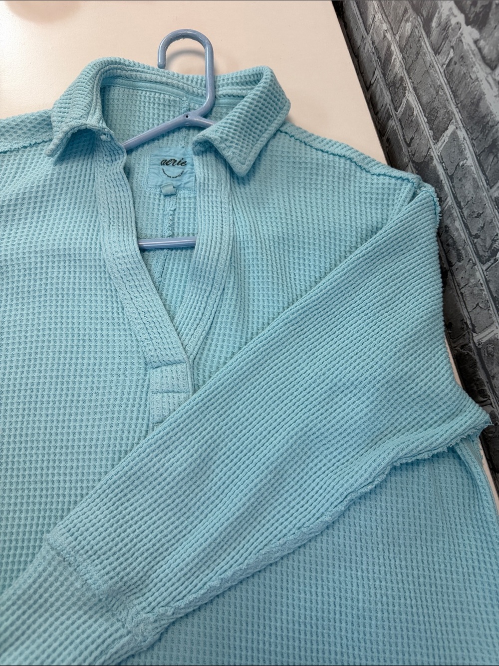 aerie Aqua Waffle-Knit V-Neck Collared Sweater - Picture 9 of 9